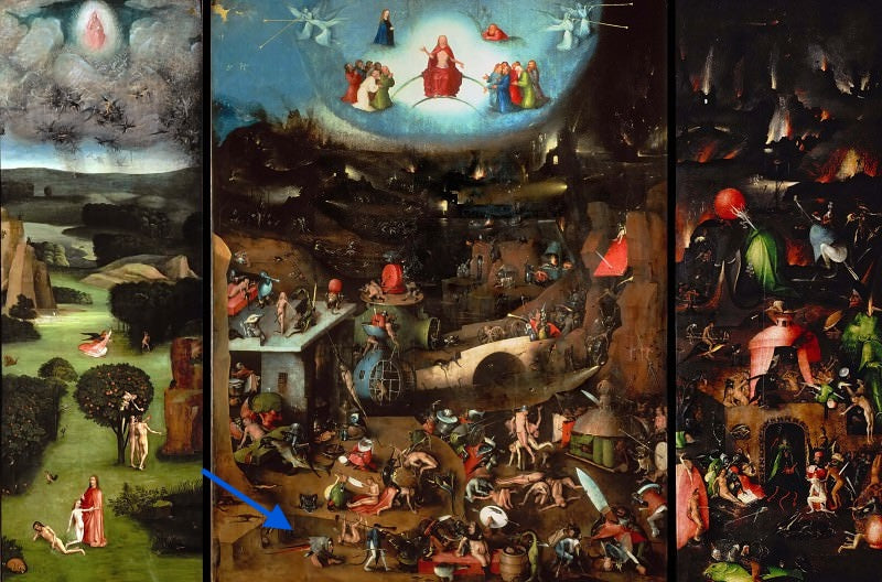 Triptych painting by Hieronymus Bosch with scenes of heaven, hell, and purgatory.