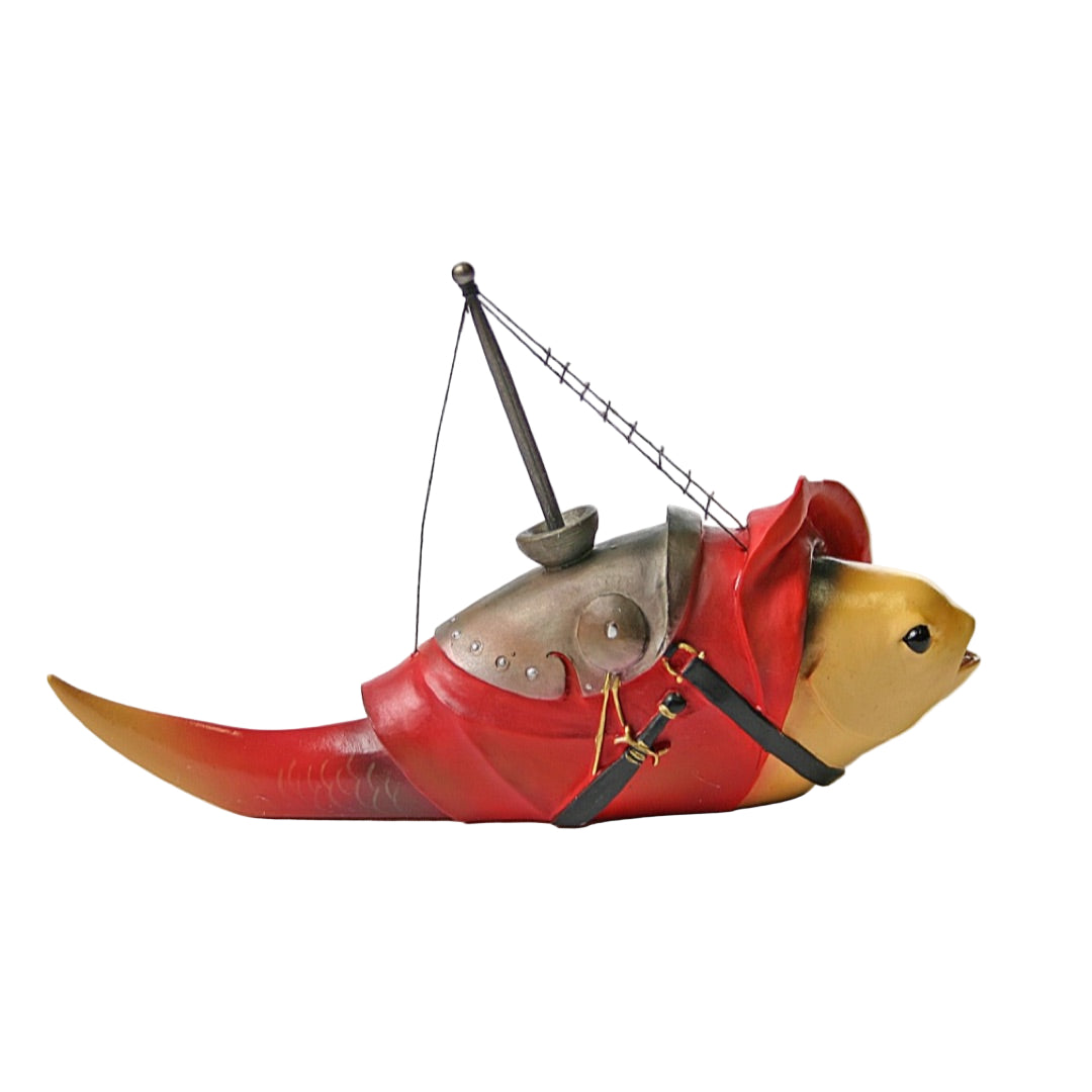 Red-coated fantasy fish statue from Bosch, featuring mast, straps, and expressive face.