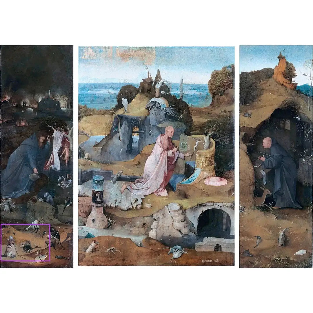 Bosch Temptation of St Anthony triptych detail with strange creatures foreground