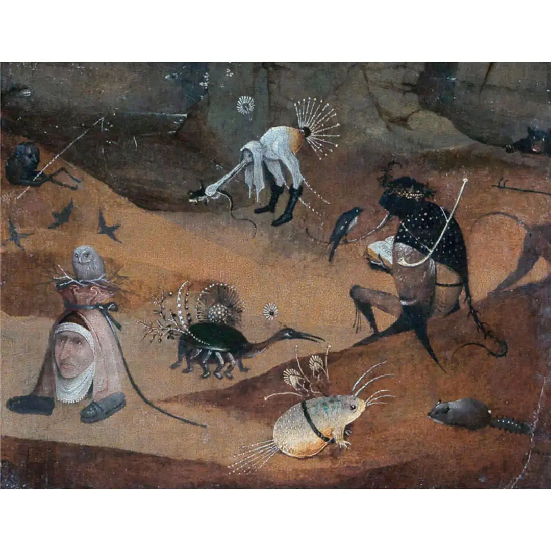 Detail from Bosch Temptation of St Anthony showing surreal figures and landscape