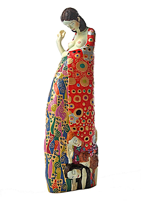 Klimt Hope pregnant figure sculpture with decorative abstract design, white background.