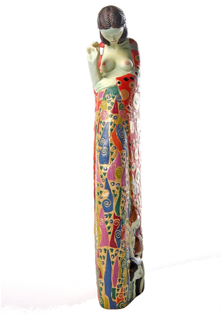 Front view of Klimt-inspired pregnant figure sculpture featuring bold colorful motifs