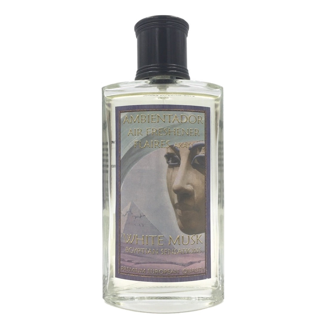 A clear glass bottle of Ambientador White Musk Air Freshener by Flaires of Spain