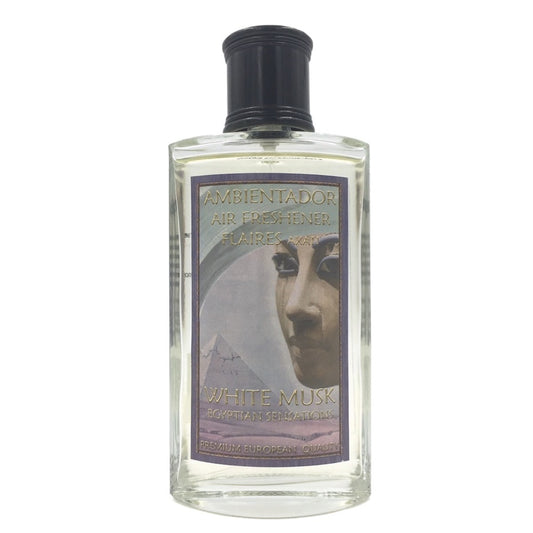 A clear glass bottle of Ambientador White Musk Air Freshener by Flaires of Spain