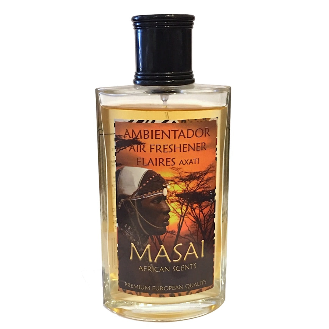 Bottle of Masai African Scents air freshener with a scenic label