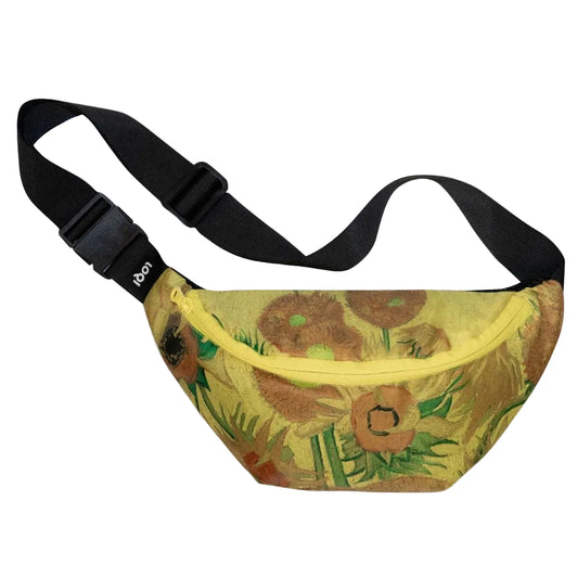 Van Gogh Sunflowers fanny pack with yellow floral print and black strap
