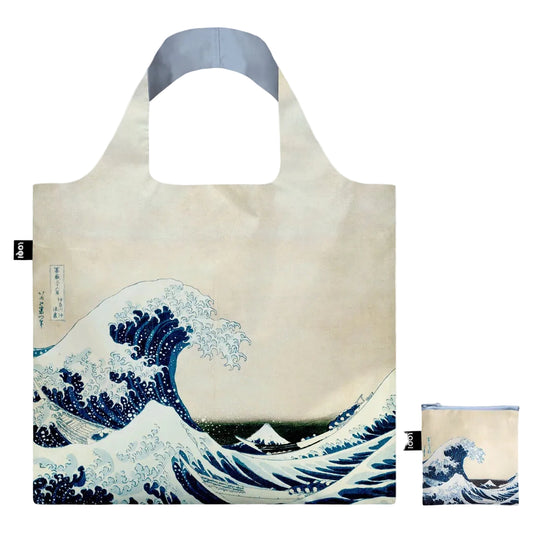 Hokusai Great Wave tote bag with blue wave print and matching pouch
