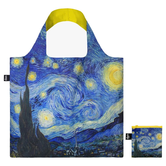Van Gogh Starry Night tote bag with vivid blue sky print and pouch