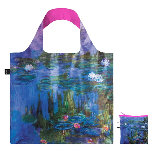 Monet Water Lilies tote bag with blue pond print and pink zip pouch