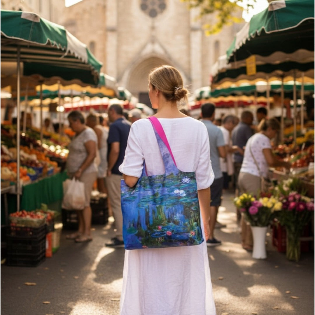 woman carrying waterlilies tote bag