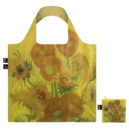 Van Gogh Sunflowers tote bag with yellow floral print and pouch
