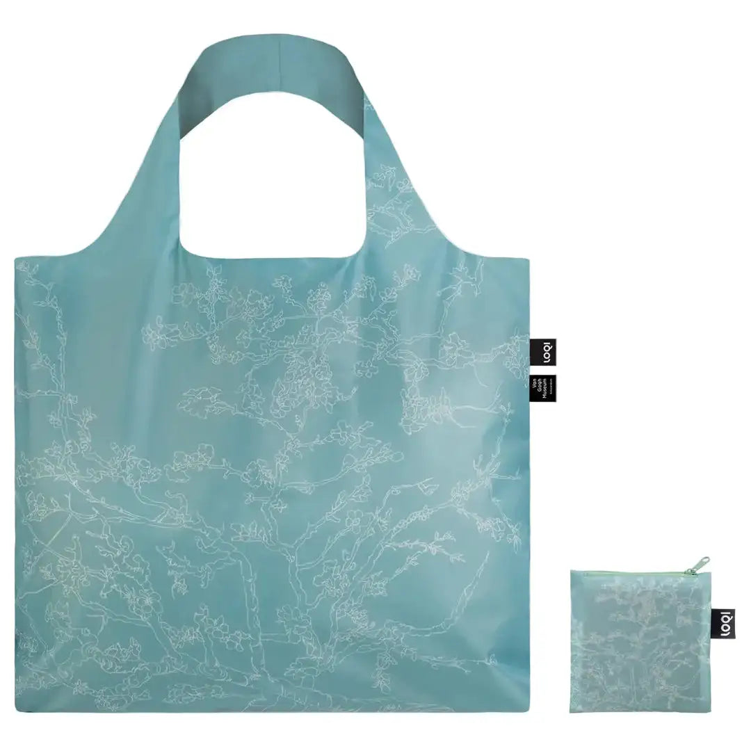 Back side of Van Gogh Almond Blossoms tote bag with blue floral branch print