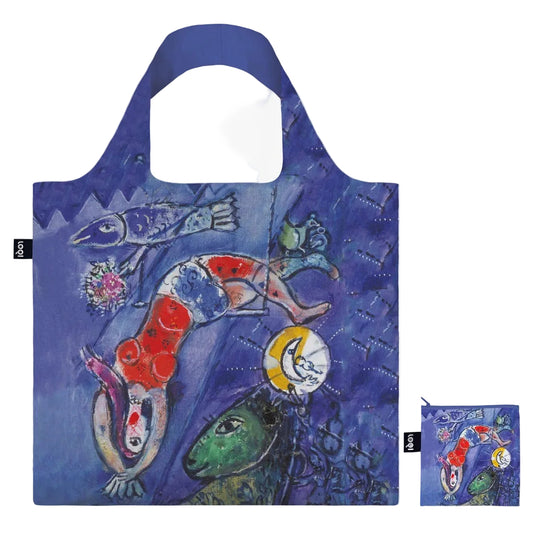Chagall Blue Circus tote bag with blue dreamlike circus artwork