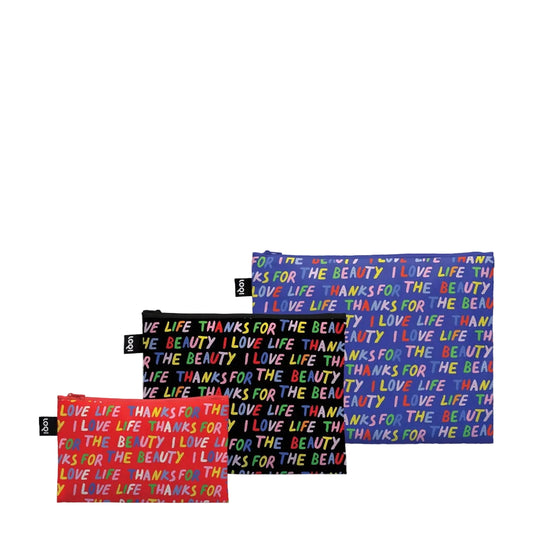 LOQI Love Life recycled zip pockets set with colorful text design