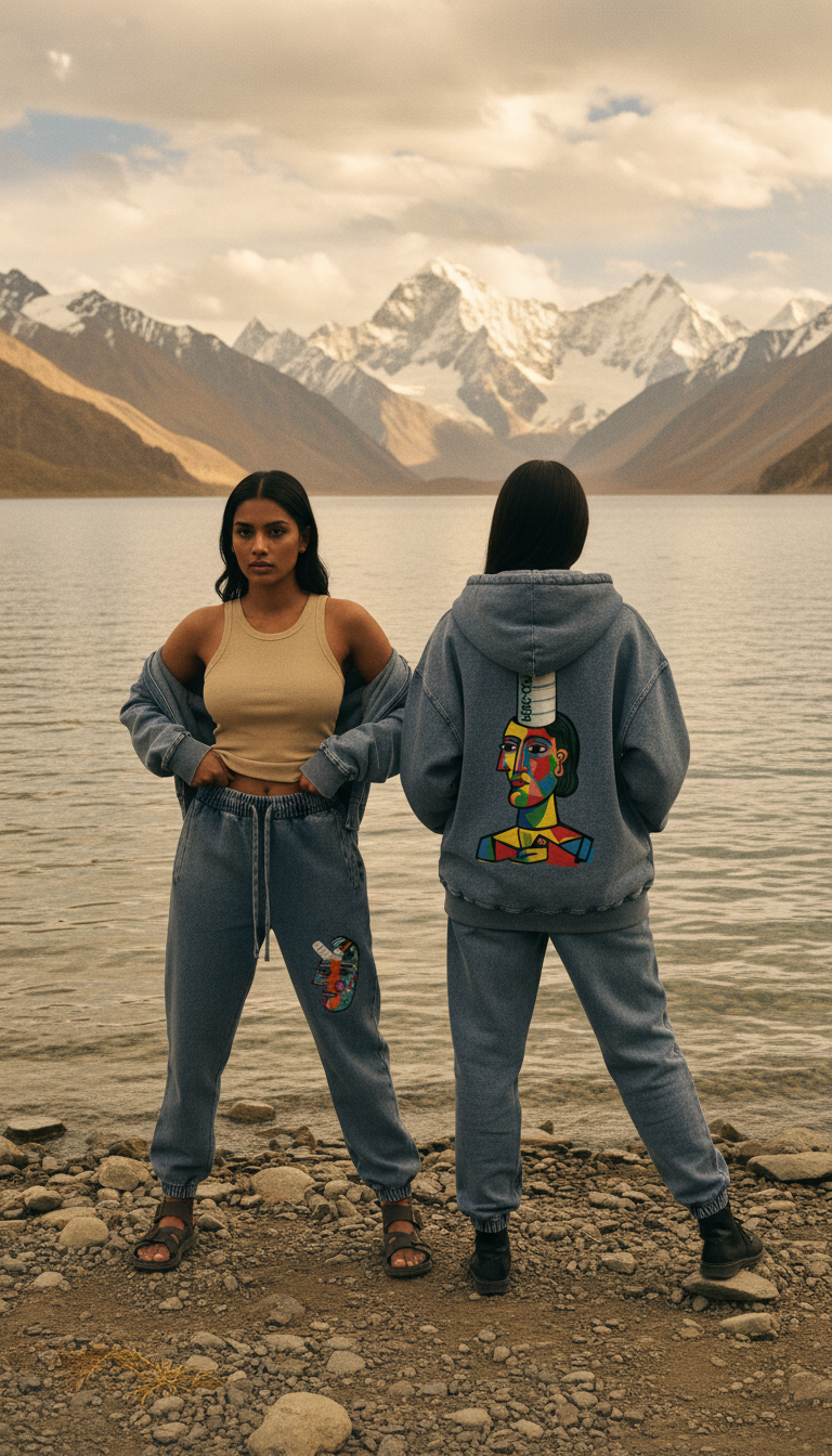 Love Bar Cubist Snow Wash Oversized Denim Unisex Hoodie