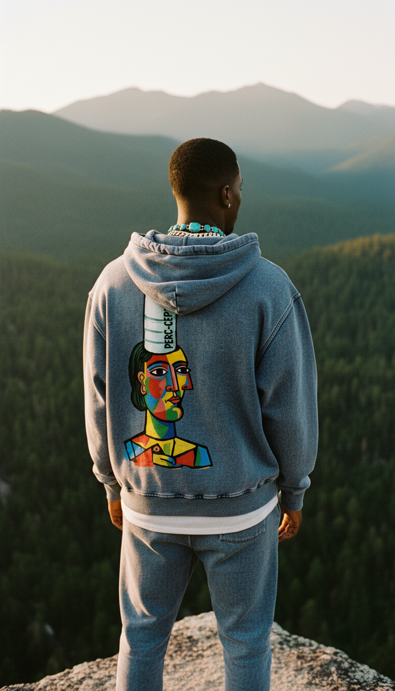 Person wearing a hoodie with a colorful cubist inspired graphic on the back, standing in a mountainous landscape.