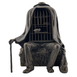 Magritte Healer (le Therapeute) Man with Birdcage Body Seated on Rock Surrealism Statue 7.75H