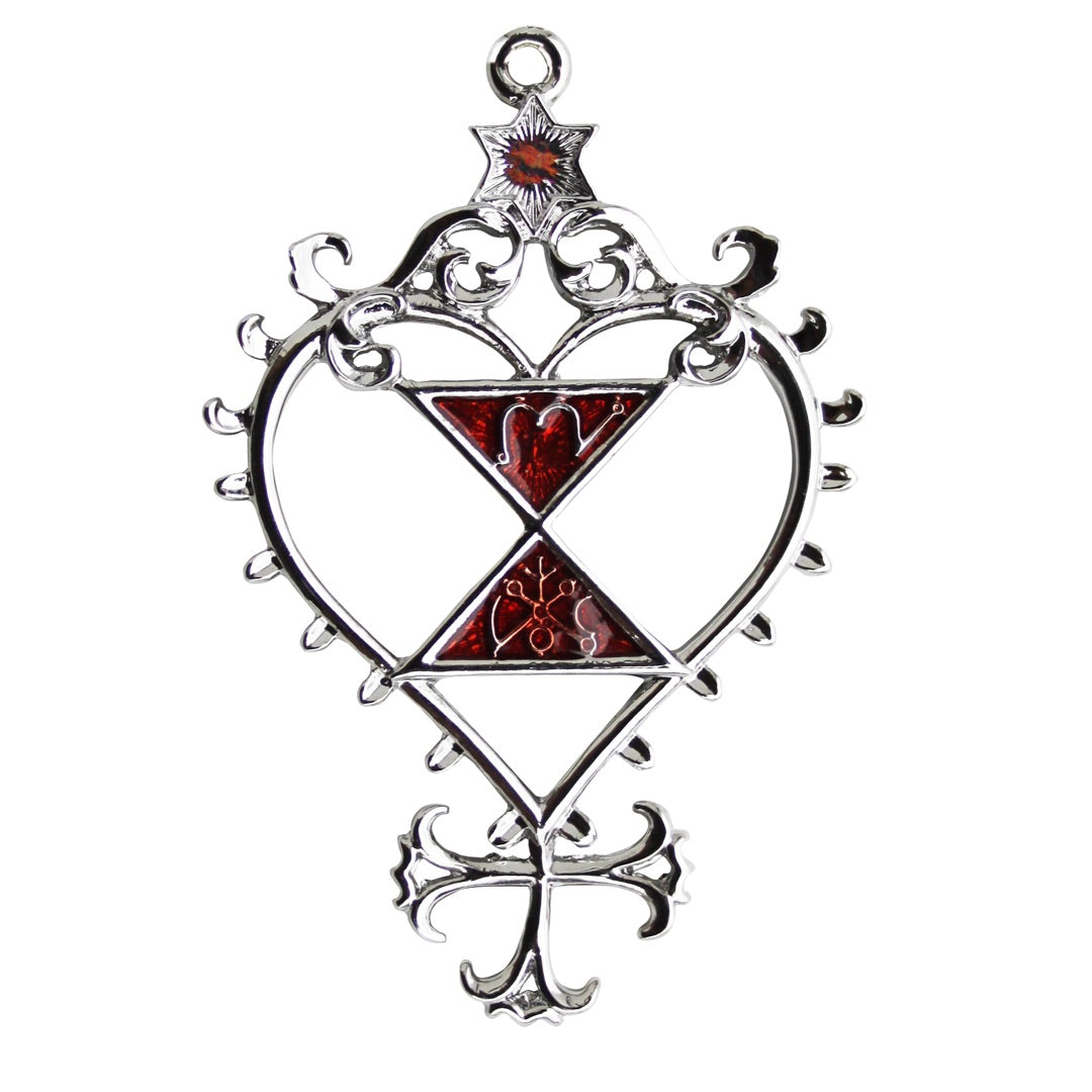Pentacle of Venus talisman pendant with red crystal accents and sacred symbols.