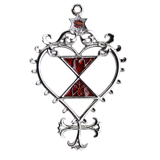 Pentacle of Venus talisman pendant with red crystal accents and sacred symbols.