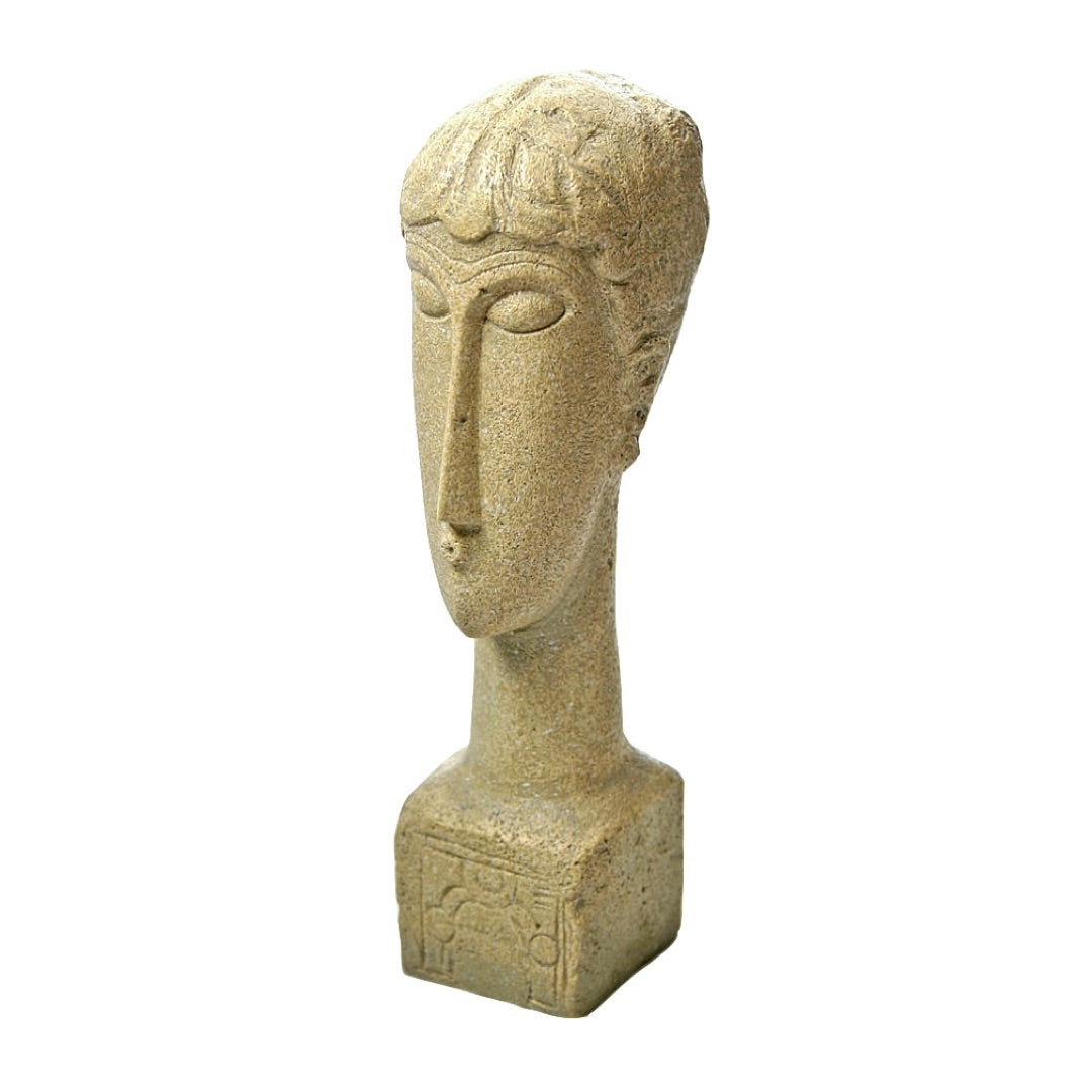 Three-quarter view of Modigliani Head Statue MO08 displaying stone-finish texture and characteristic elongated proportions