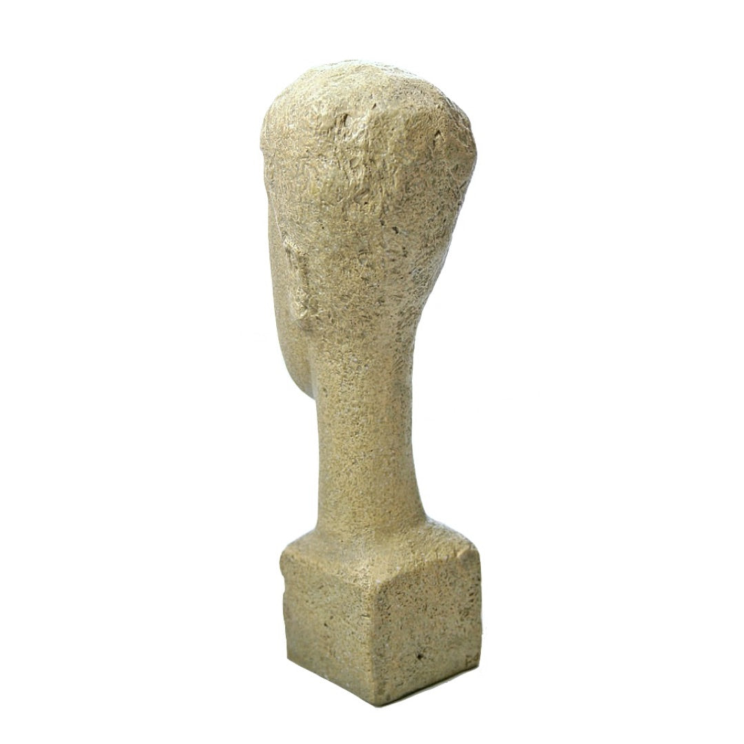 Back view of Modigliani female head statue in speckletone resin showing oval skull and long neck on square base, MO08