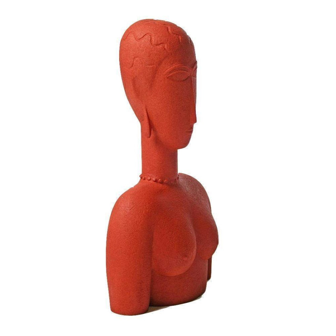 Statue Modigliani female bust sculpture MO14 showing characteristic tilted oval head and closed almond eyes, Parastone Collection