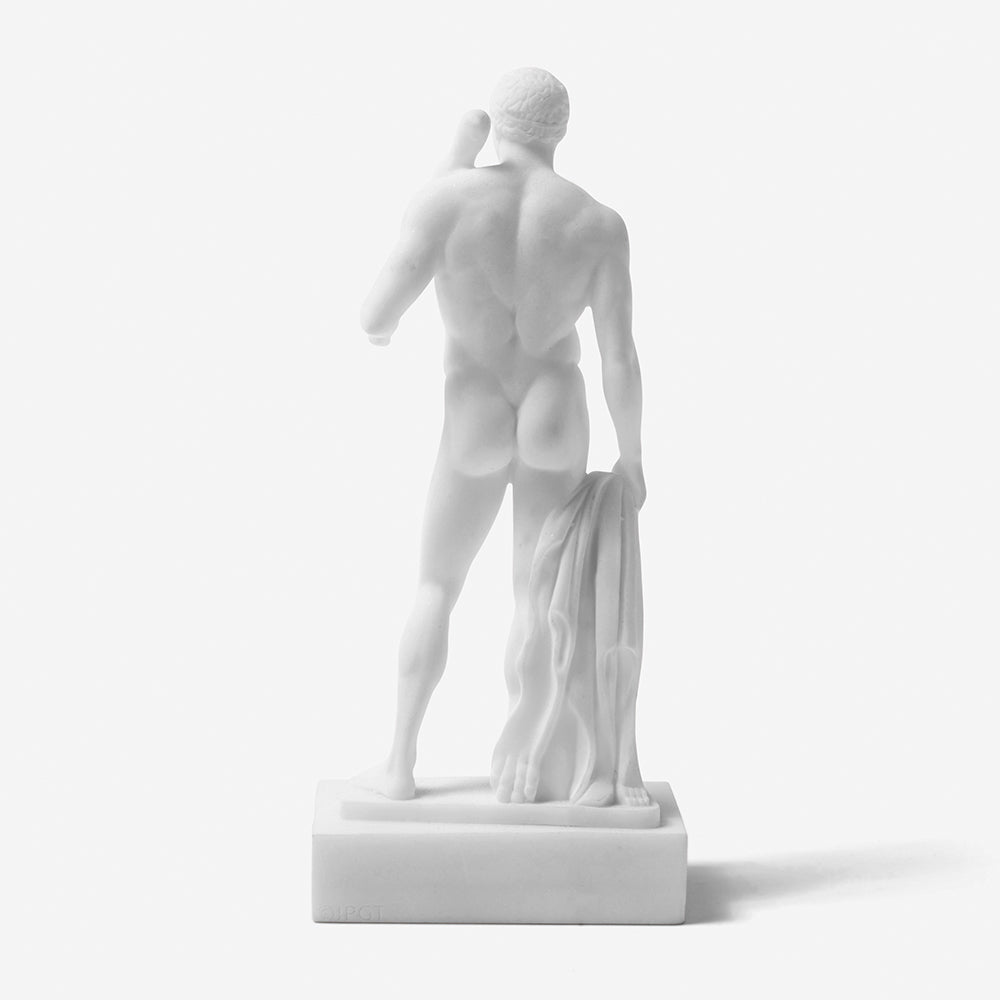 Back view of Hercules marble reproduction displaying anatomical detail and drapery of the lion skin, classical contrapposto stance