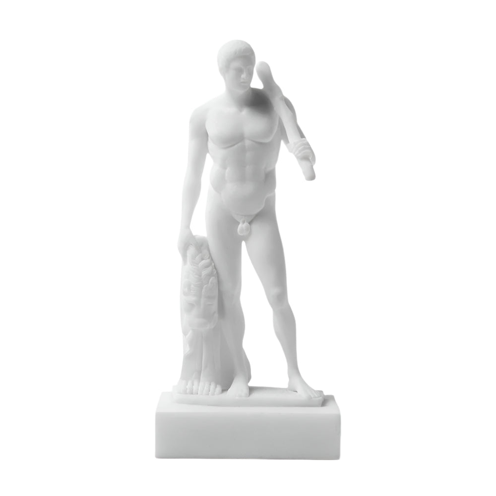 Hercules statue reproduction in white bonded marble, full front view showing muscular classical form holding club and Nemean Lion pelt