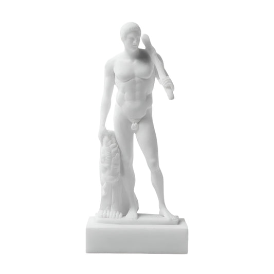 Hercules statue reproduction in white bonded marble, full front view showing muscular classical form holding club and Nemean Lion pelt