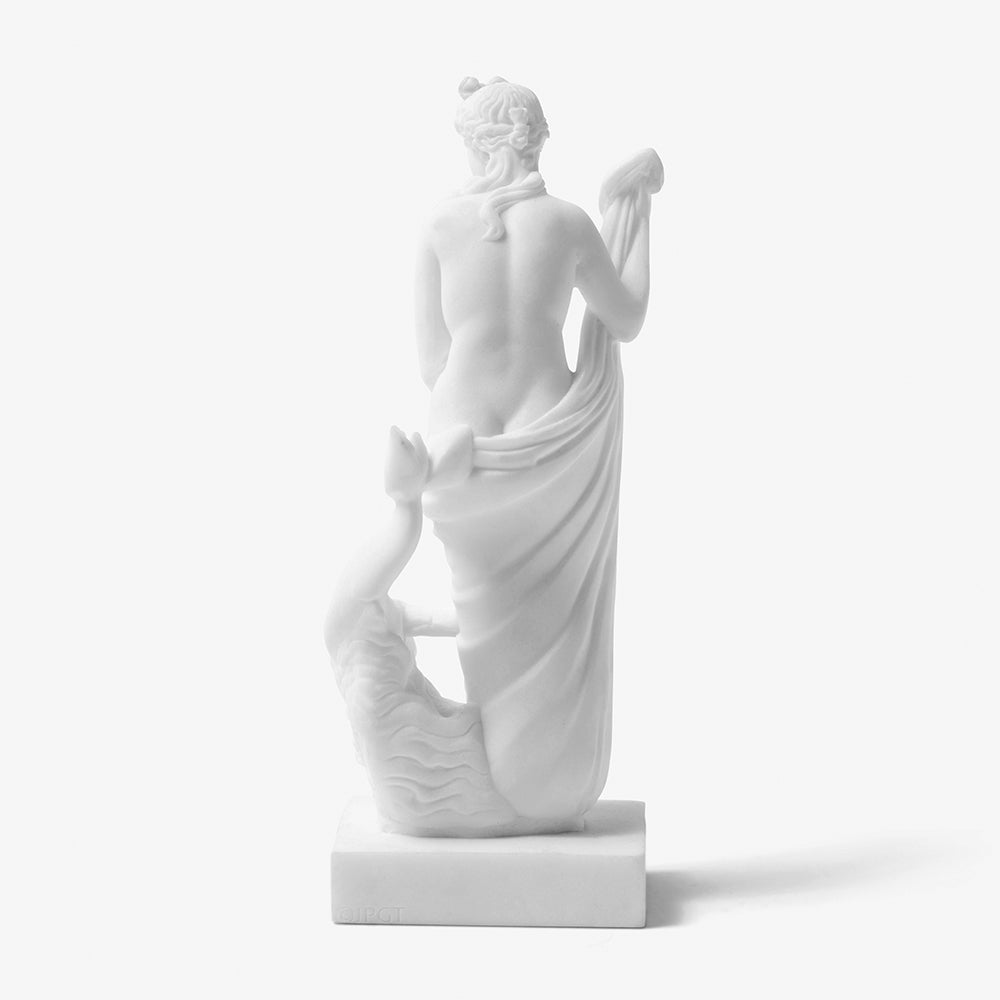 Back view of Venus marble reproduction displaying drapery detail and classical contrapposto pose with dolphin at base
