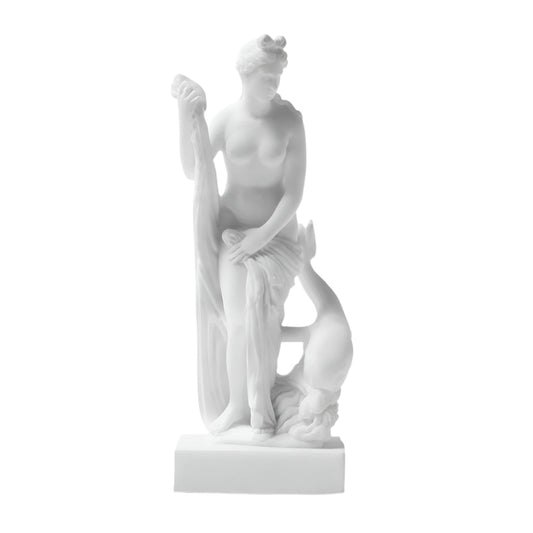 Venus statue reproduction in white bonded marble, full front view showing goddess enfolding herself in flowing drapery