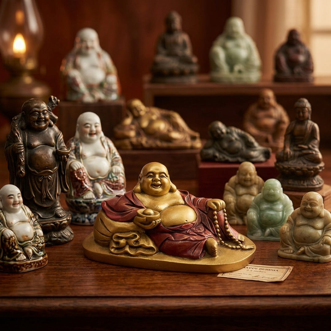 A decorative figurine of a smiling Buddha reclining on a gold-colored base, wearing draped robes in red and gold