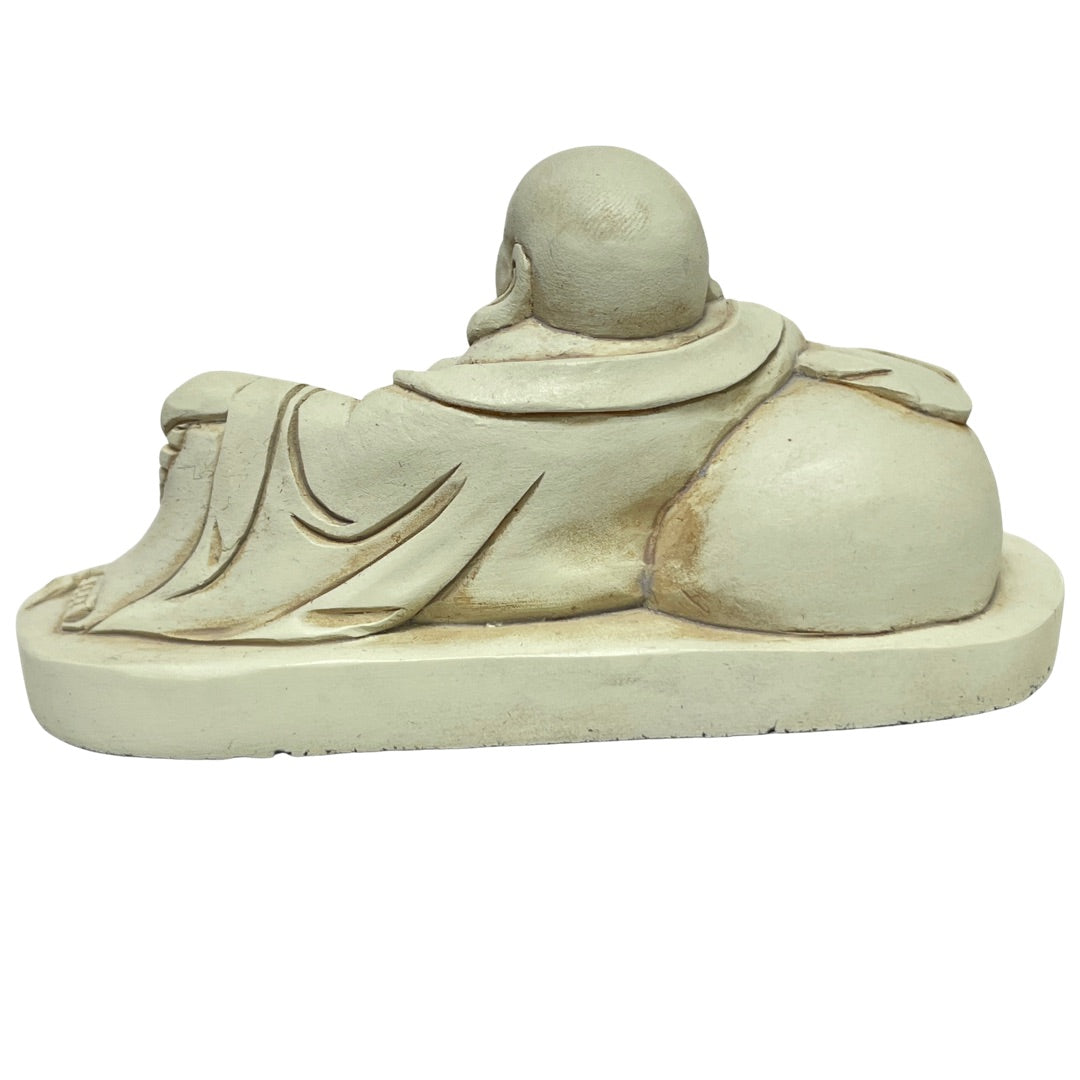 Back view of the white resin Budai statue showing robe folds and sack