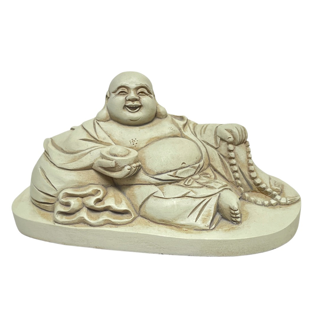 Antique white reclining Happy Buddha statue, Budai resting on his sack, front view