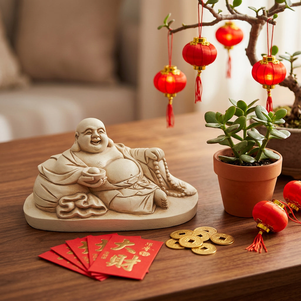 A beige Laughing Buddha statue depicted reclining on a matching oval base, holding a string of prayer beads