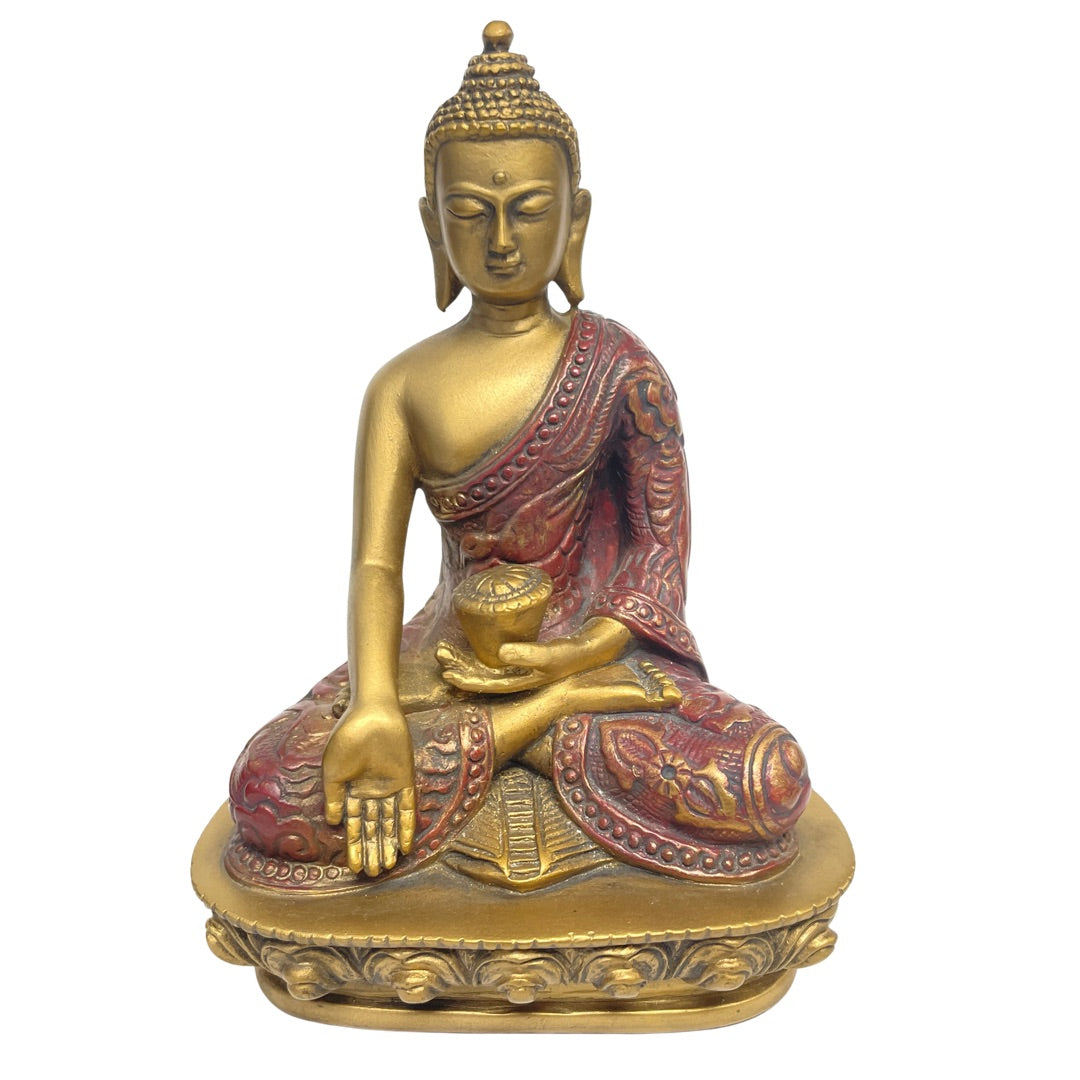 Nepali Style Buddha in Wish Giving Pose, Desktop Statue, Antique Gold and Red, 5.75 in
