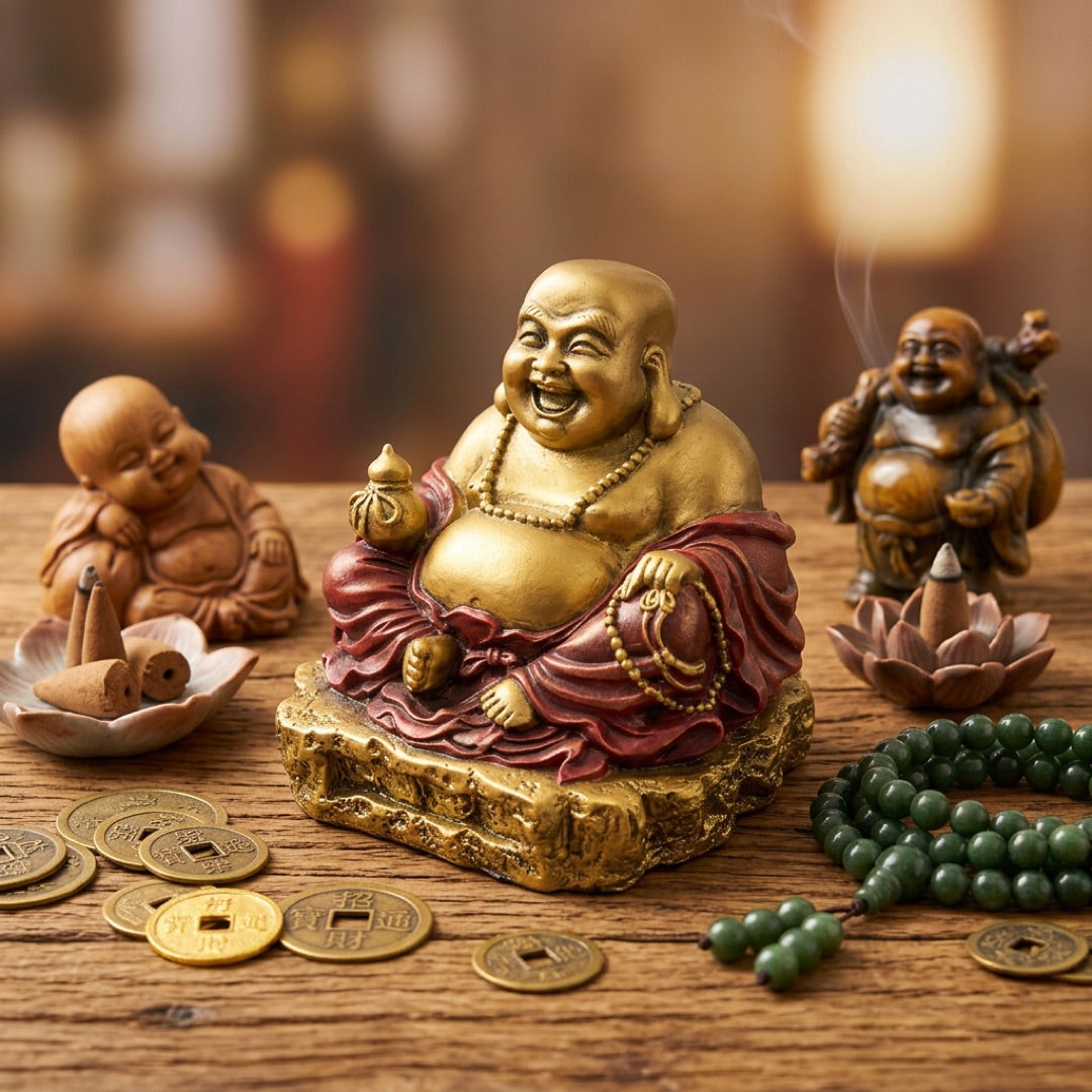 A golden Laughing Buddha statue seated on a textured base, draped in red robes, photographed against a plain white background.