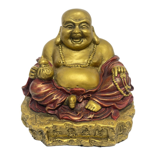 Laughing Buddha statue seated on a rock, front view