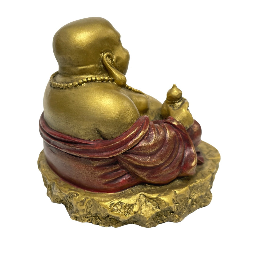 Close-up of the hand painted details on the Buddha, see the antiqued red and gold