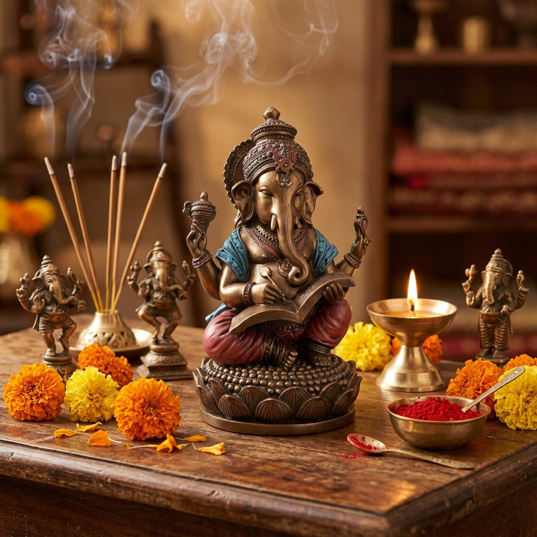 Devotional altar with Ganesh statues and incense burning