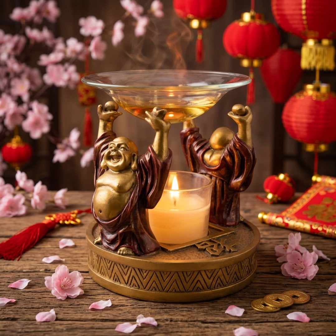 A decorative golden and dark brown figurine centerpiece with two smiling robed figures holding up a clear glass bowl over a lit candle, set on a wooden table with pink blossoms, red lanterns, and Chinese decorative elements in the background.