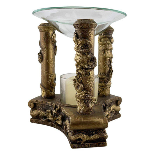 Asian dragon incense burner with gold dragon carvings, glass dish, and tealight holder