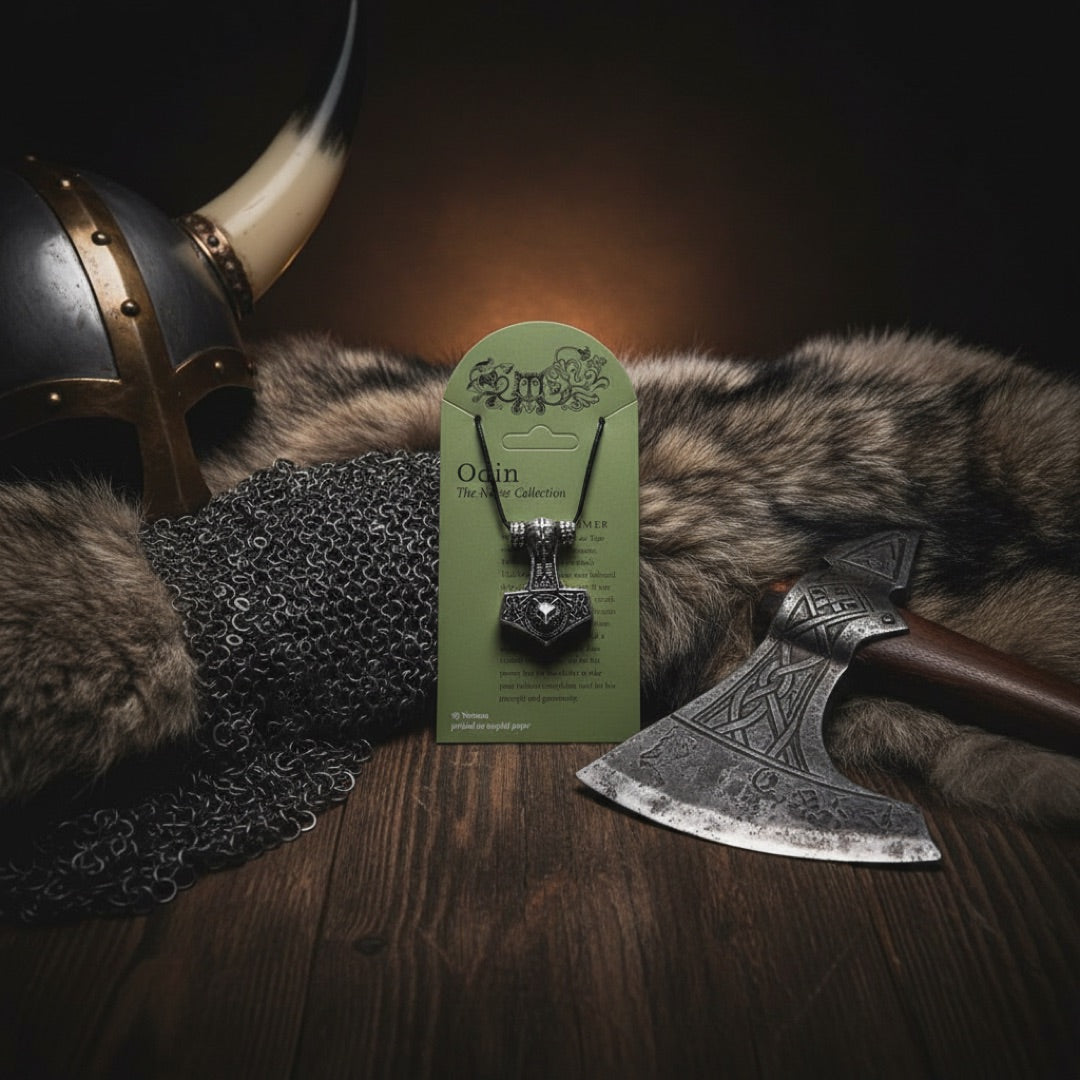 An Odin Mjolnir pendant necklace from 'The Norse Collection' by Noruma, displayed on its green backing card. The pendant is made of silver-colored metal with an engraved wolf head and hammer head design, hanging from a black cord.