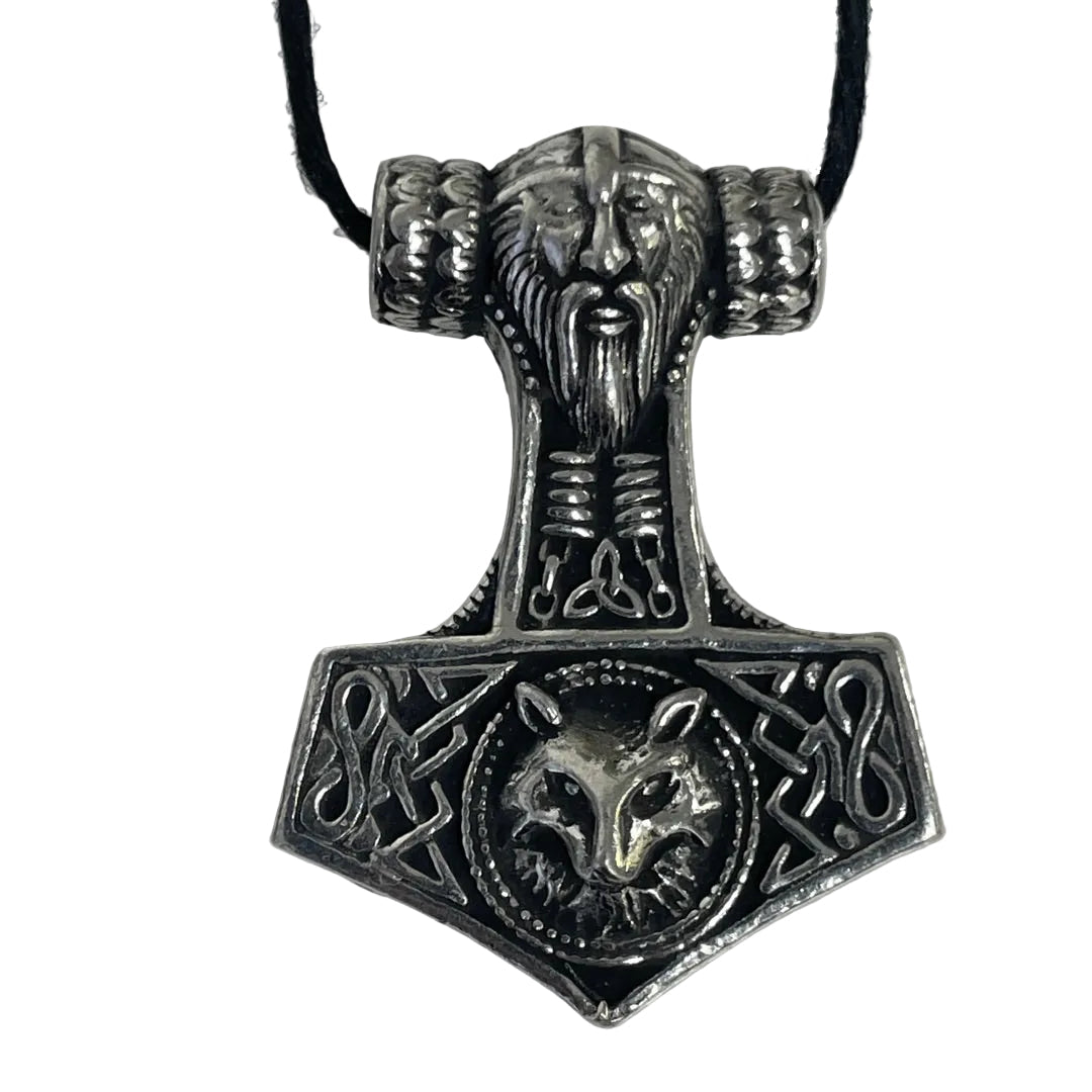A silver-toned Viking Mjolnir hammer pendant necklace with a black cord, featuring a wolf motif on the head and intricate knotwork details.