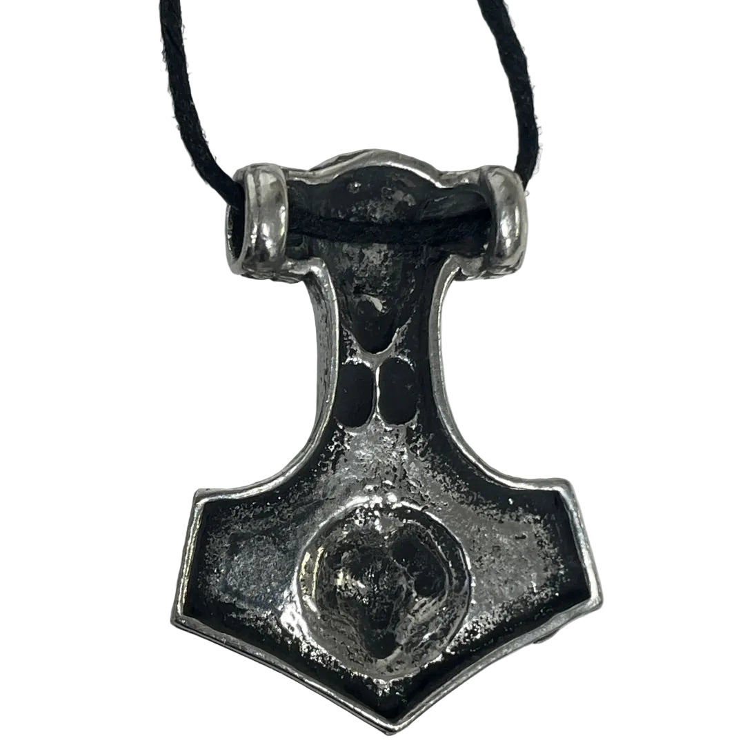 A silver-toned metal hammer pendant necklace with a black cord, photographed against a plain light gray background.