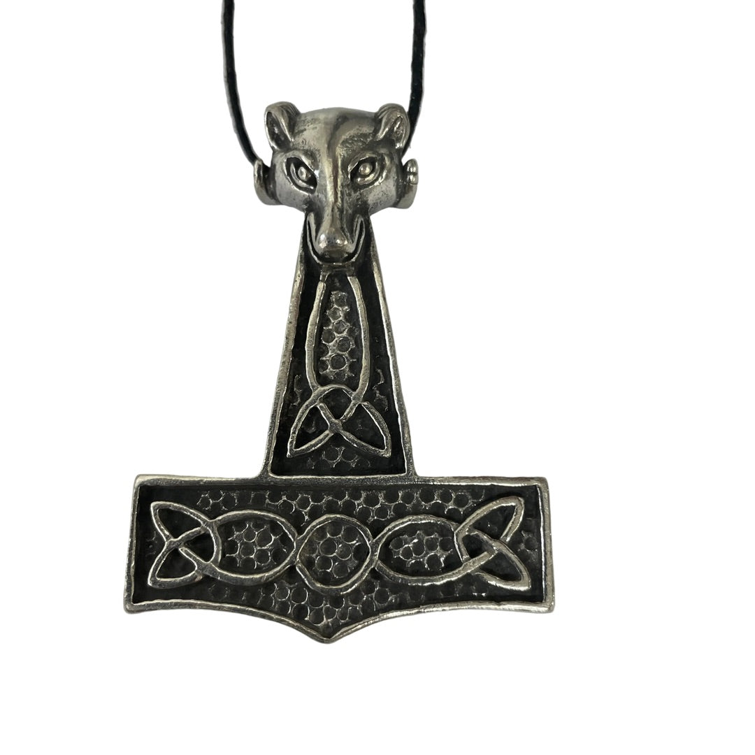 Thor's hammer necklace ODN-123, extra-large lead-free pewter Mjollnir with ram head on a 33 in cord