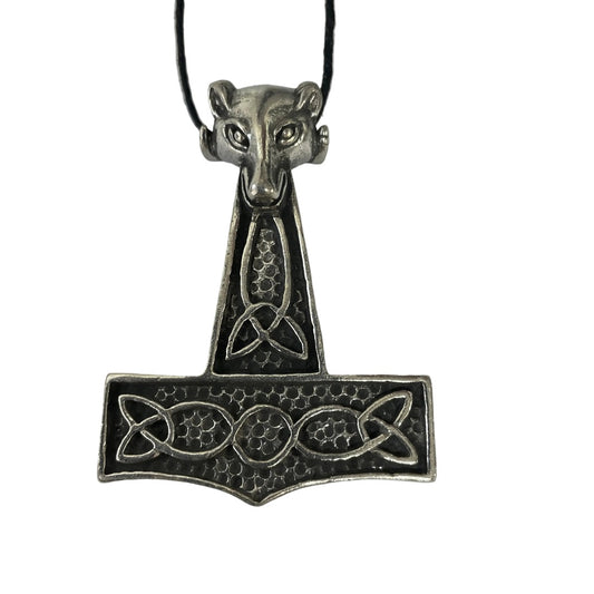 Thor's hammer necklace ODN-123, extra-large lead-free pewter Mjollnir with ram head on a 33 in cord
