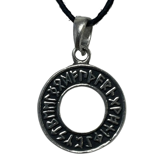 A silver-toned circular pendant necklace featuring engraved runic symbols around a central hole, suspended from a black cord on a light gray background.