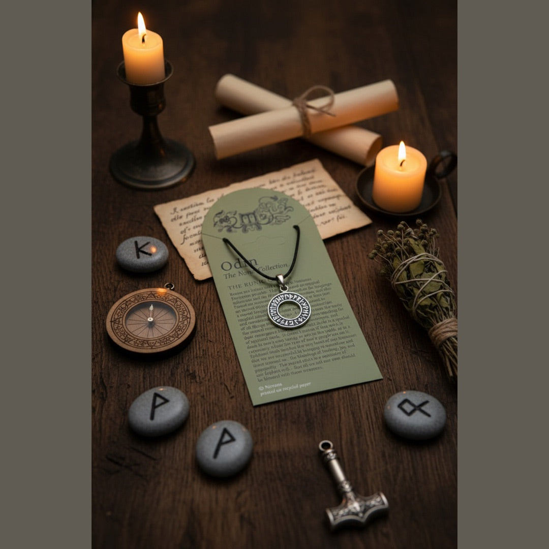 A Nirvana Odin The Norse Collection runic circle pendant necklace on a black cord, displayed on a green backing card with product details.