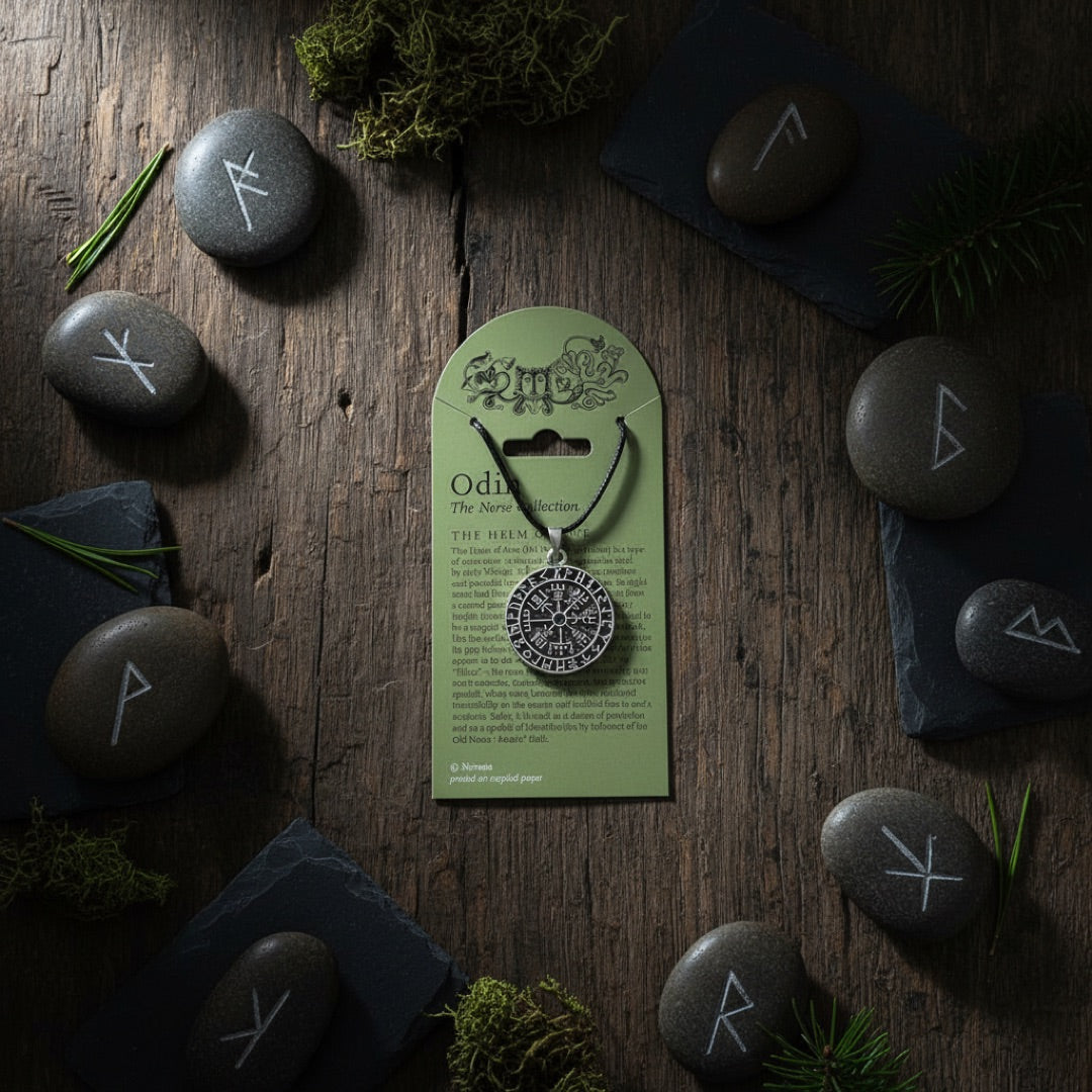 A circular silver pendant necklace with an engraved Norse symbol, hanging from a black cord on a green display card titled 'Odin The Norse Collection' with printed text about Odin's eye.